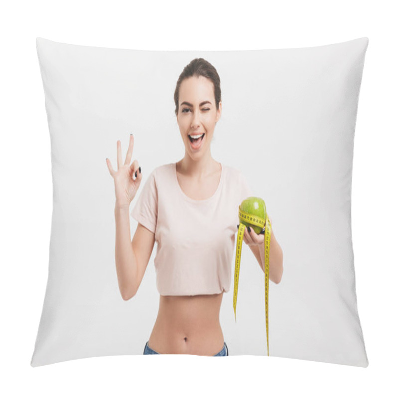 Personality  Woman Holding Apple Tied With Measuring Tape And Showing Okay Sign Isolated On White Pillow Covers