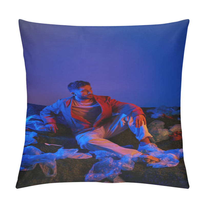 Personality  A Man Sits Amongst A Sea Of Plastic Bags, Bathed In Vibrant Blue And Red Light. Pillow Covers