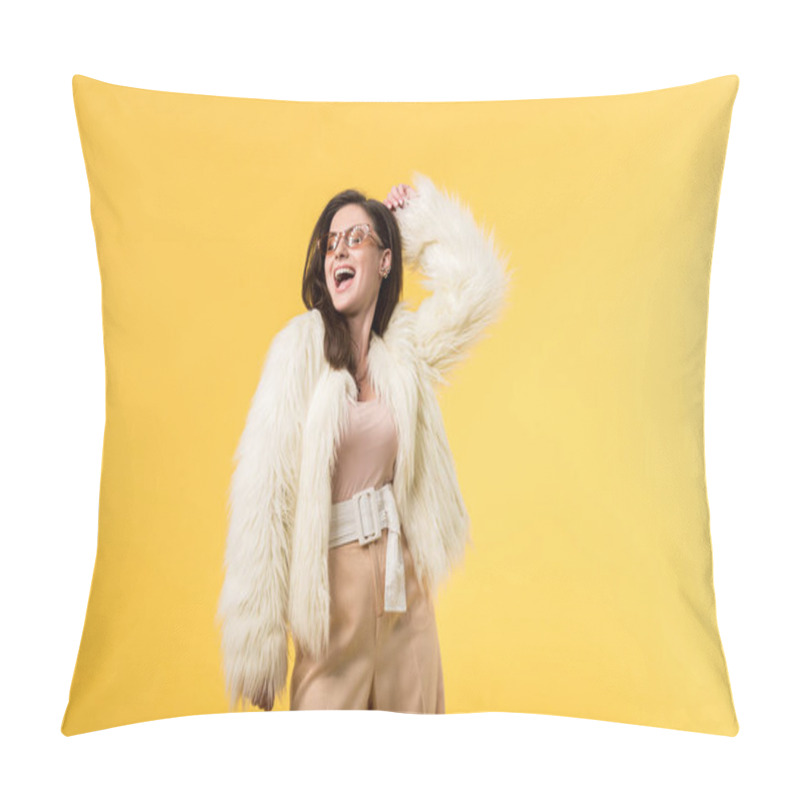 Personality  Excited Party Girl In Faux Fur Jacket And Sunglasses Dancing Isolated On Yellow Pillow Covers