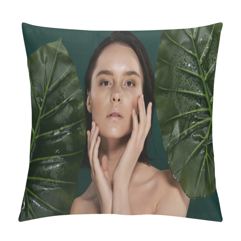 Personality  A Woman Poses In Front Of A Vibrant Green Backdrop, Touching Her Face With Delicate Hands. Pillow Covers