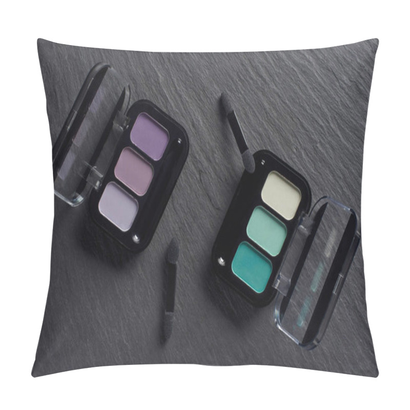 Personality  Set Of Eye Shadows Palettes With Applicators On Dark Slate Background Pillow Covers