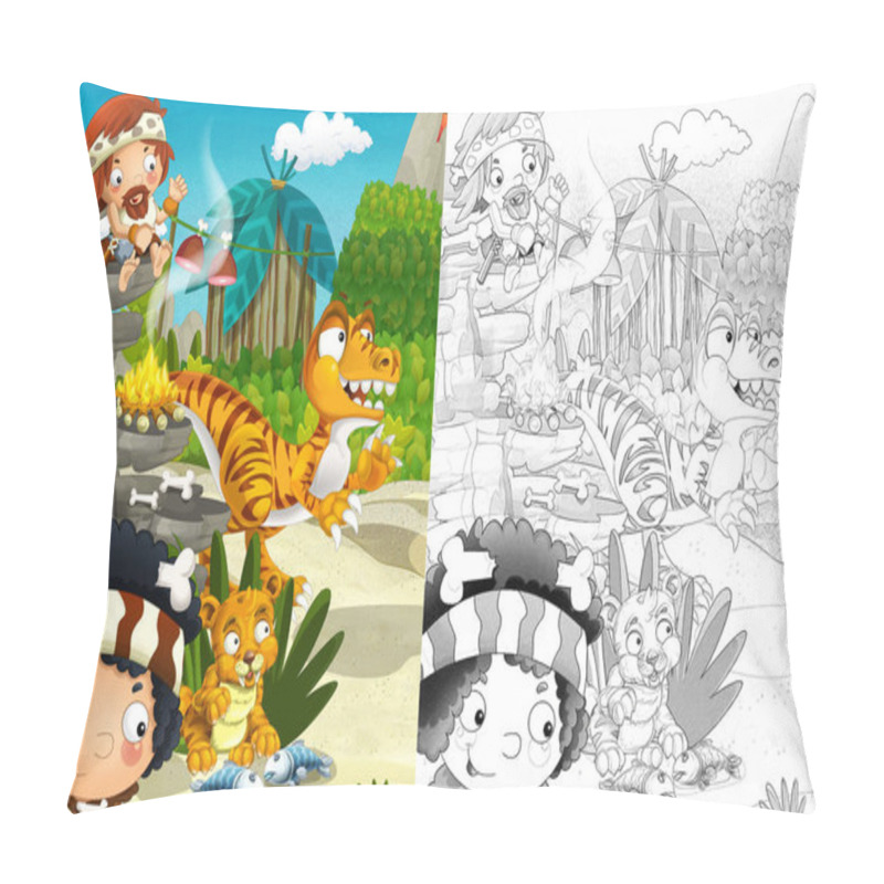 Personality  Cartoon Scene In The Jungle Near Stream Or River With Flying Dinosaur Pterodactyl And Apatosaurus - Illustration For Children Pillow Covers