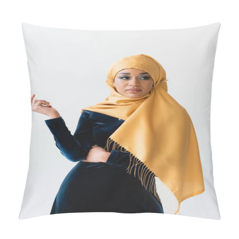 Personality  Muslim Woman In Hijab And Velvet Blue Dress Isolated On White Pillow Covers