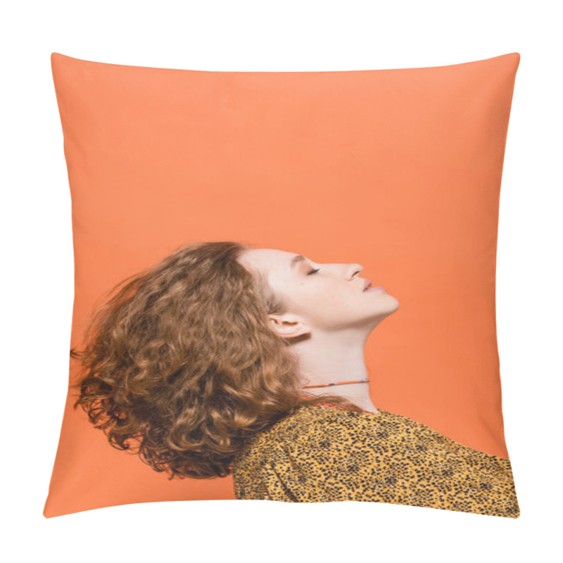 Personality  Side View Of Stylish Young Redhead Woman With Natural Makeup In Blouse With Modern Abstract Print Standing Isolated On Orange, Stylish Casual Outfit And Summer Vibes Concept, Youth Culture Pillow Covers