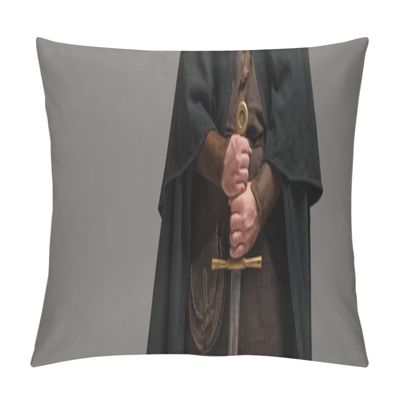 Personality  Cropped View Of Medieval Scottish Knight In Mantel With Sword In Hands On Grey Background, Panoramic Shot Pillow Covers