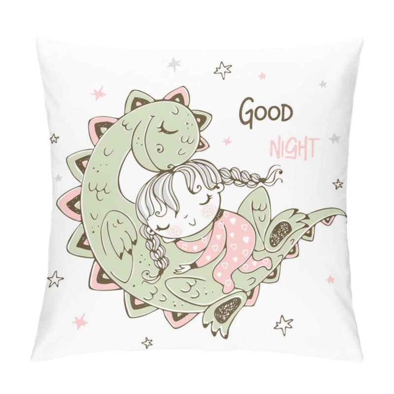 Personality  Cute Girl Sleeping With Her Pet Dinosaur. Cheerful Picture. Vector. Pillow Covers