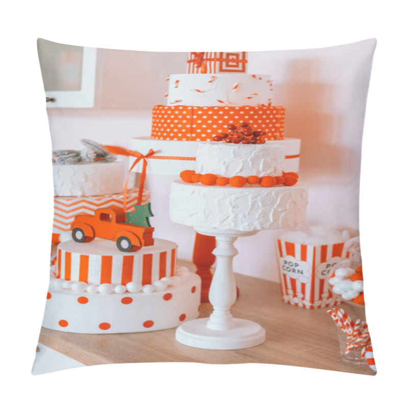 Personality  A Beautifully Arranged Dessert Table Displays A Variety Of Orange And White Cakes, Adorned With Playful Decorations Like Polka Dots And A Small Truck. Perfect For A Joyful Occasion. Pillow Covers