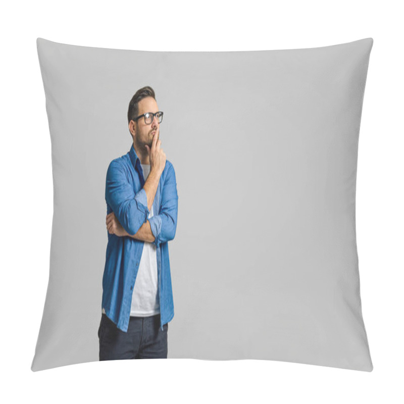 Personality  Young Male Entrepreneur With Hand On Chin Thinking Business Ideas While Standing On White Background Pillow Covers