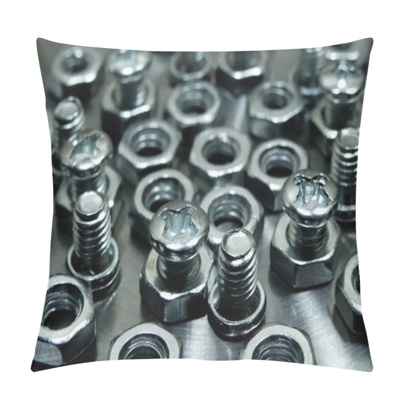 Personality  Hardware Shop. Screw Bolts And Hex Nuts Closeup Texture Background  Pillow Covers