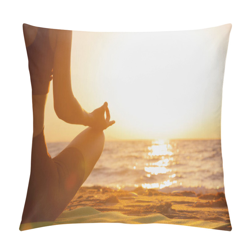 Personality  Close Up Of Womans Hand Practicing Yoga, Meditation In Lotus Position On The Beach, Feeling So Comfortable And Relaxing On Vacation With Golden Light, Healthy Concept. Pillow Covers