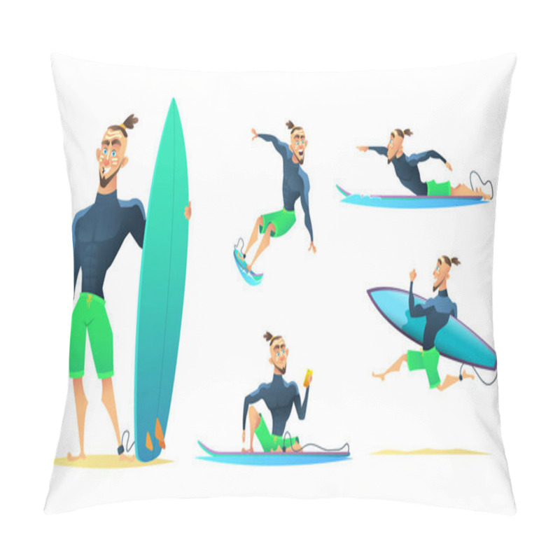 Personality  Surfer In Different Dynamic Poses, Standing, Running, Floating, Surfing. Cartoon Character Design, Vector Illustration Pillow Covers