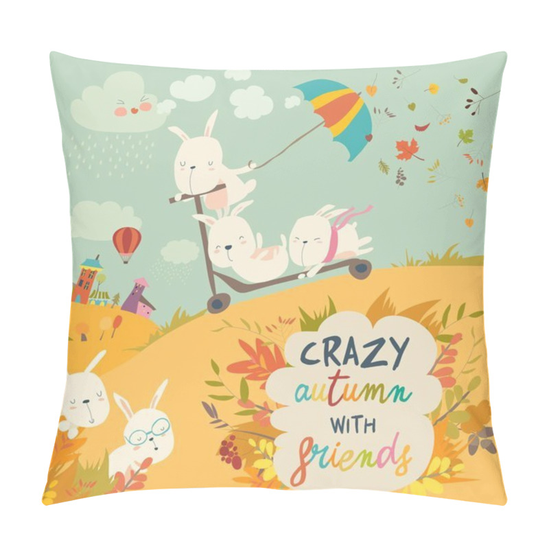 Personality  Cute Crazy Rabbits Playing In Autumn Fall Season Pillow Covers