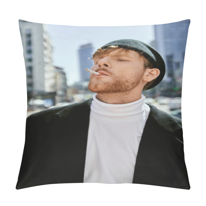 Personality  Stylish Redhead Man Smoking A Cigarette In The City. Pillow Covers