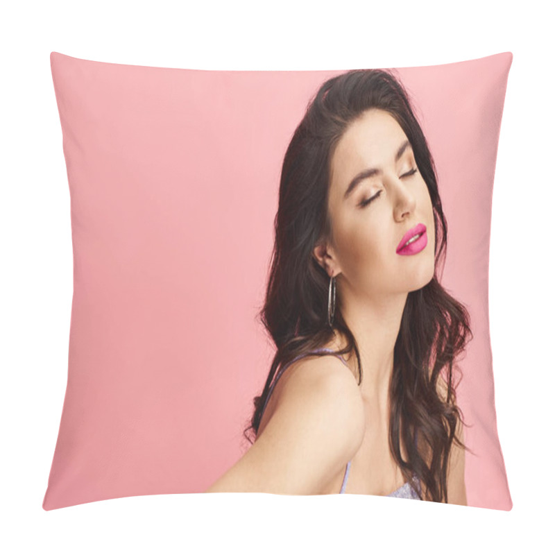 Personality  Alluring Woman With Long Dark Hair Elegantly Donning A Vibrant Dress. Pillow Covers