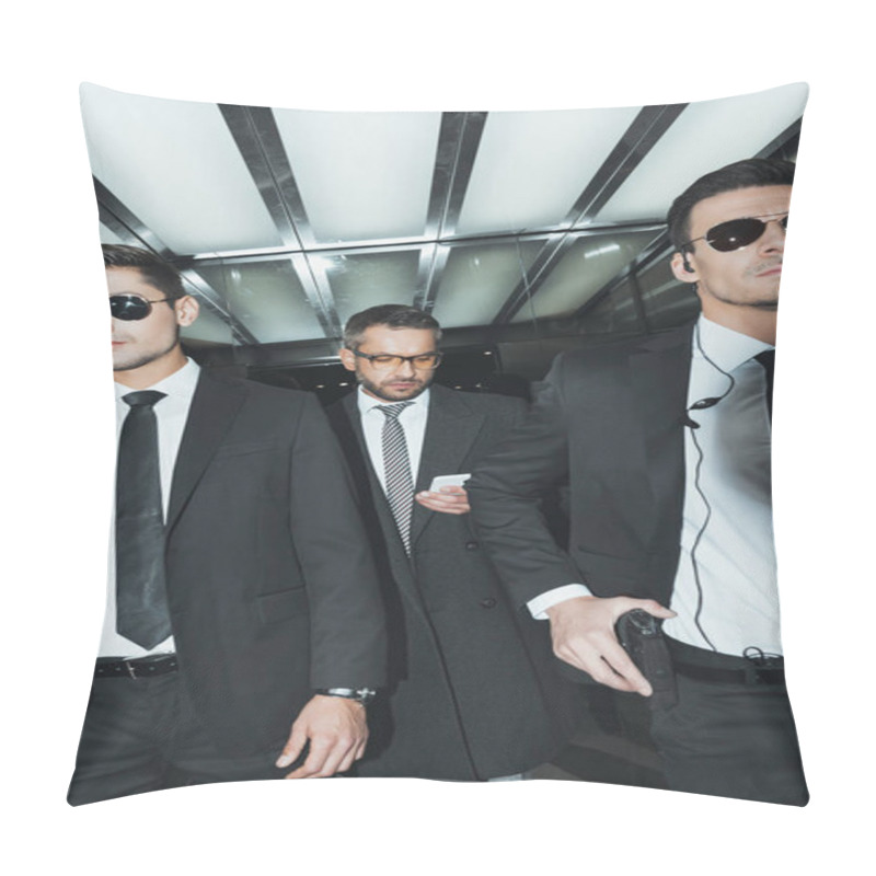 Personality  Businessman Looking At Smartphone While Standing With Bodyguards In Elevator  Pillow Covers