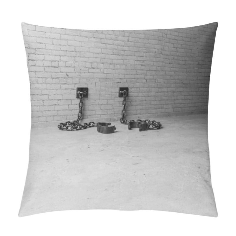 Personality  A Set Of Empty Old Iron Shackles Draped On The Floor Connected To An Isolated White Brick Wall  - 3D Render Pillow Covers