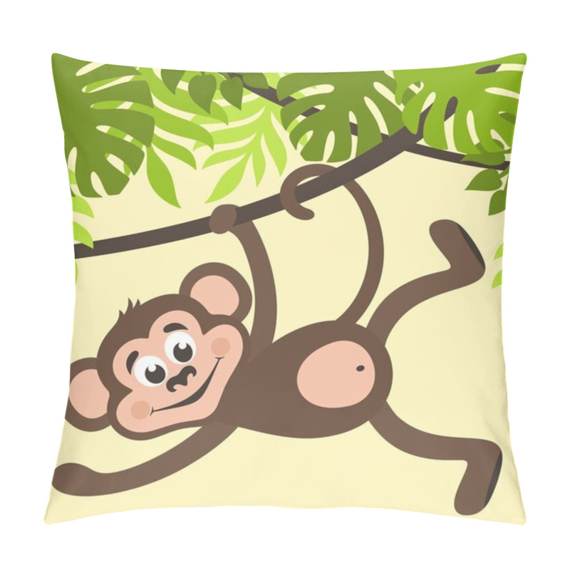 Personality  Monkey Is Hanging On A Creeper. Green Palm Leaves On A Yellow Background. Cartoon Character For Kids. Vector Illustration. Pillow Covers