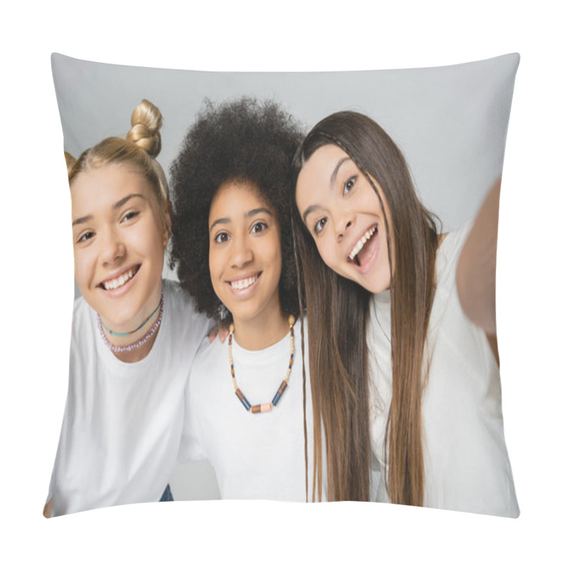 Personality  Excited And Cheerful Teenage Girls In White T-shirts Looking At Camera And Hugging Each Other While Spending Time Together Isolated On Grey, Teenage Friends Having Fun Together Pillow Covers