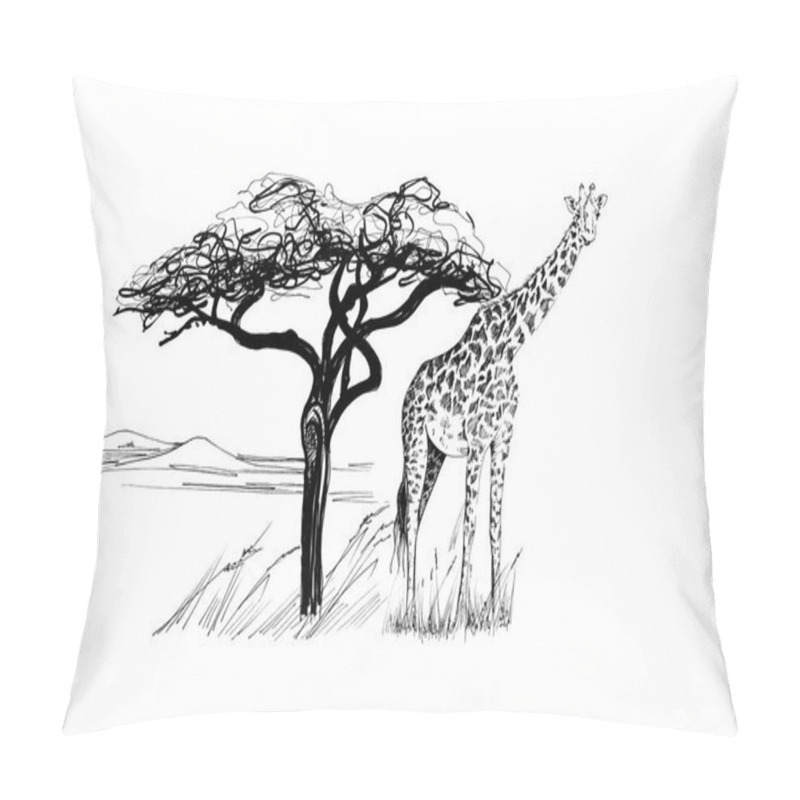 Personality  Giraffe Near A Tree In Africa. Hand Drawn Illustration. Collection Of Hand Drawn Illustrations (originals, No Tracing) Pillow Covers