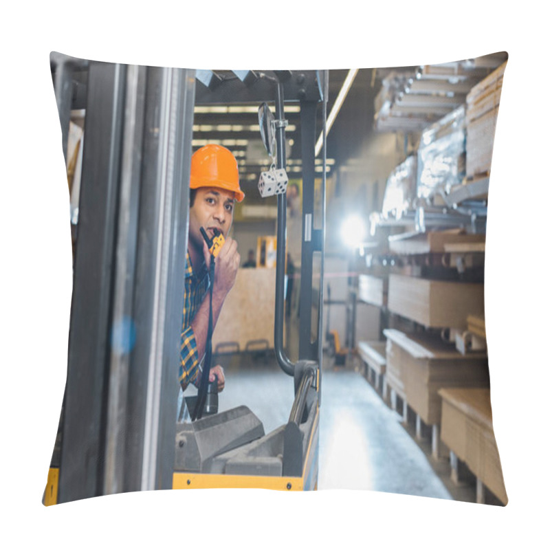 Personality  Handsome Indian Worker Sitting In Forklift Machine In Warehouse And Talking On Walkie Talkie Pillow Covers