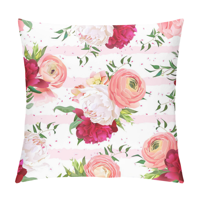 Personality  Burgundy Red And White Peonies, Ranunculus, Rose Seamless Vector Pillow Covers