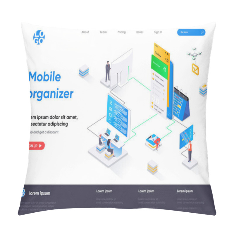 Personality  Mobile Organizer Isometric Landing Page. Mobile Application For Business Planning Isometry Concept. Organizing Work Activities And Tasks Flat Web Page. Vector Illustration With People Characters. Pillow Covers