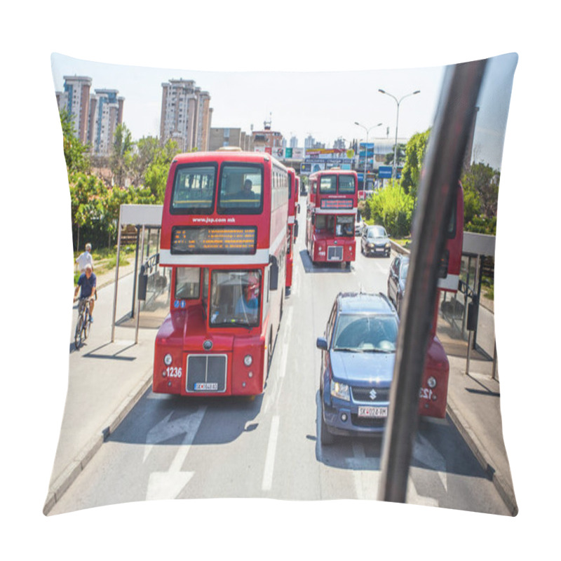 Personality  SKOPJE, MACEDONIA - JULY 29, 2016: Double Decker Bus Specially Designed For Skopje Public Transportation. Pillow Covers