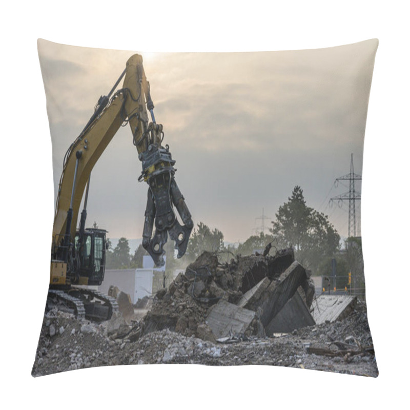 Personality  Building House Demolition Site Excavator With Hydraulic Crasher Machine And Yellow Container Pillow Covers