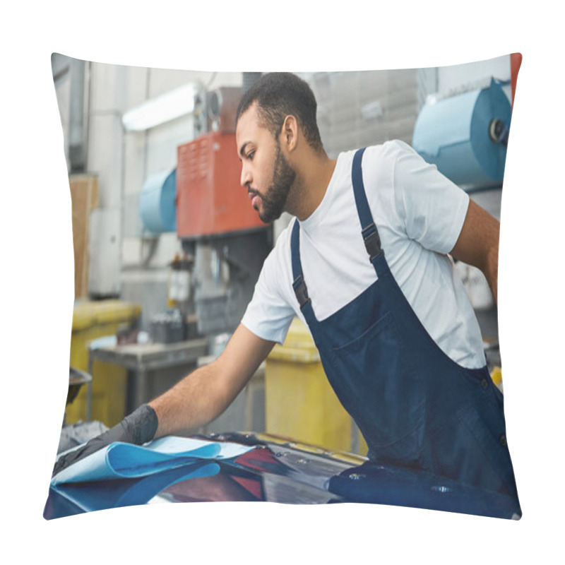 Personality  A Young Mechanic Skillfully Polishes A Car Hood In A Busy Workshop. Pillow Covers