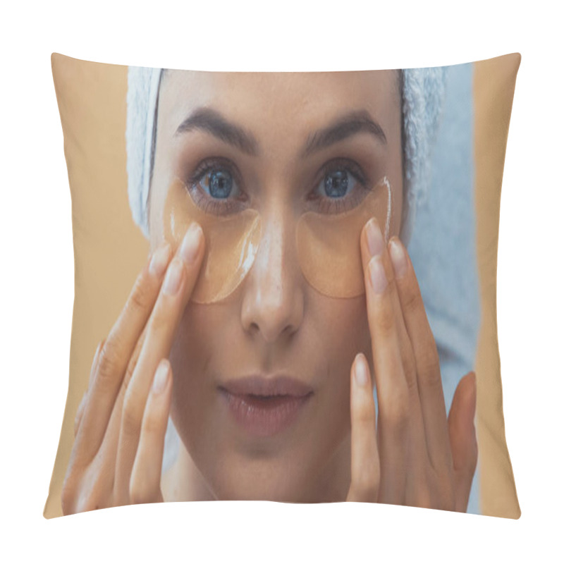 Personality  Close Up View Of Young Woman Applying Eye Patches Isolated On Beige Pillow Covers