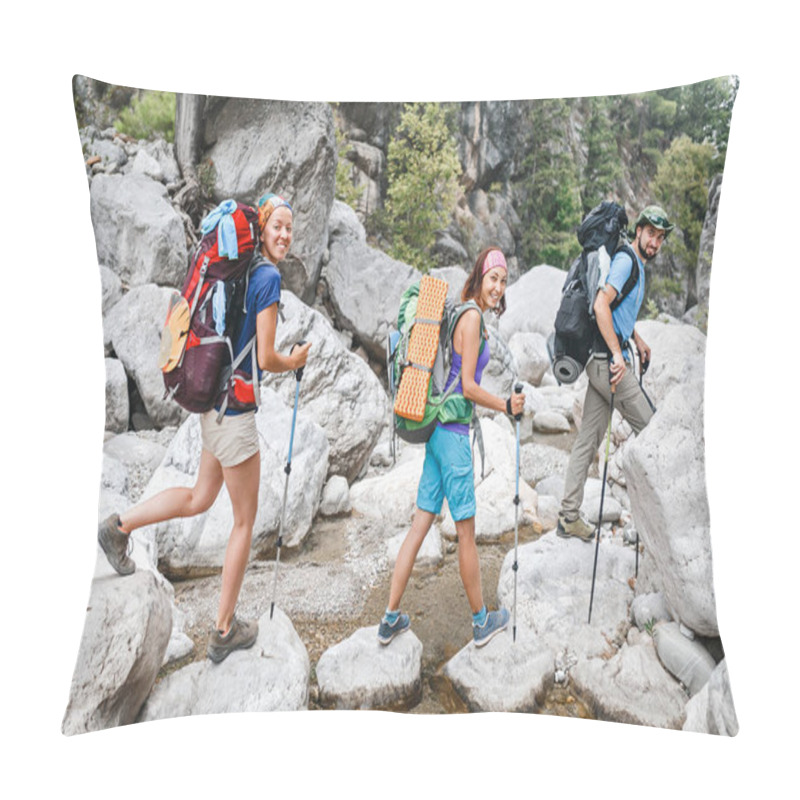 Personality  Group Of Friends Hikers And Travelers Walking At Goynuk Canyon In Turkey, Passing The Stream, Lycian Way Concept Pillow Covers