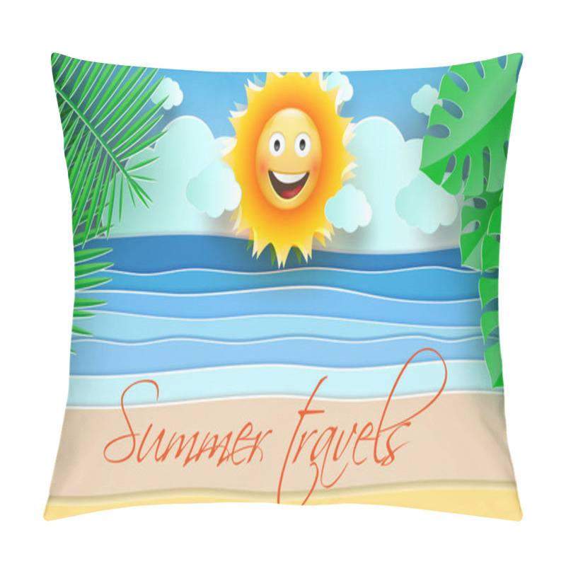 Personality  Sea Waves And Tropical Beach In Paper Art Style. Travel Concept Vector Illustration. Summer Vacation Poster In Paper Cut Design. Pillow Covers