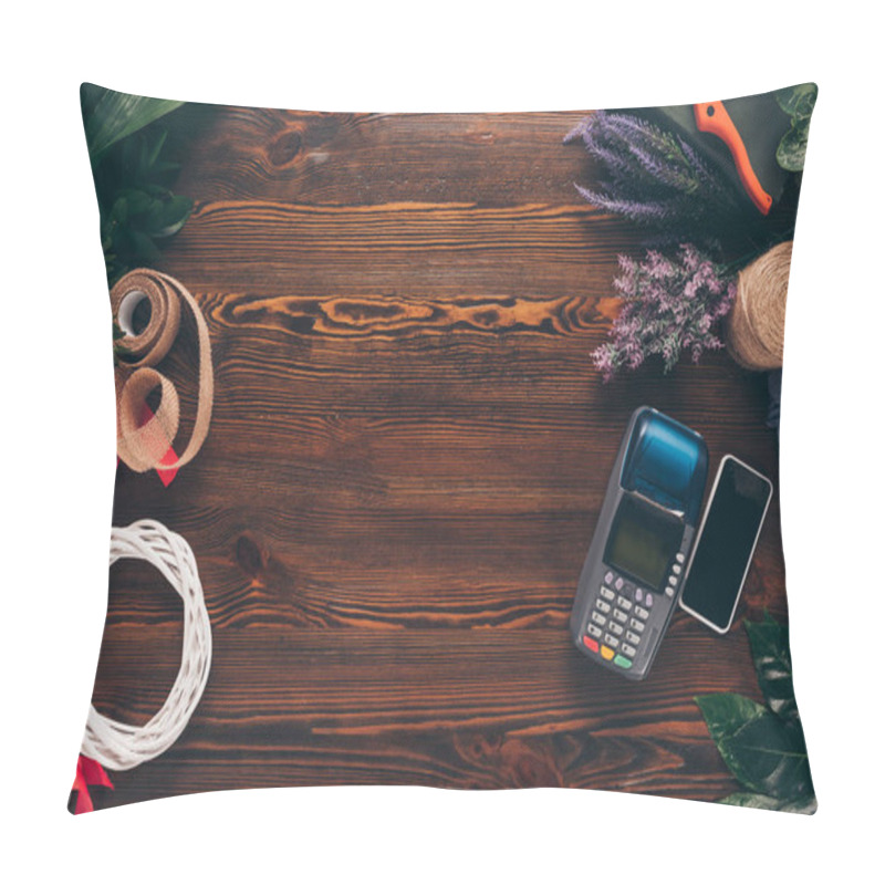 Personality  Top View Of Terminal For Payment And Smartphone On Table In Flower Shop Pillow Covers