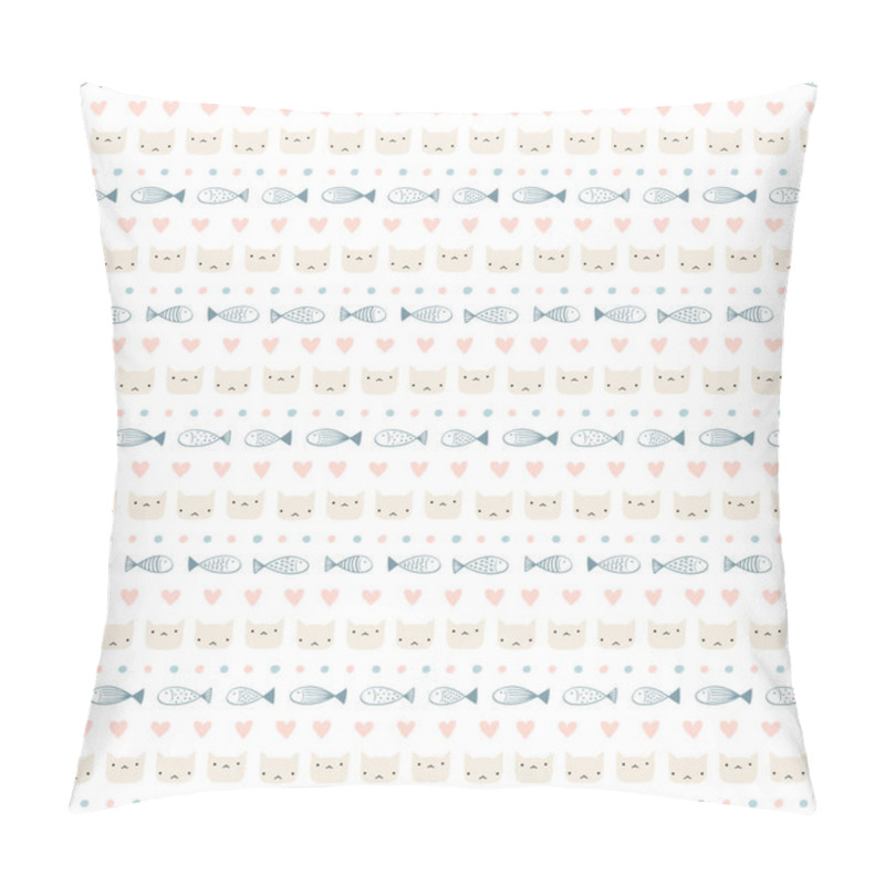 Personality  Cute Hand Drawn Seamless Pattern With Funny Cat Faces And Fish With Hearts On White Background, Scandinavian Design Style, Vector, Illustration Pillow Covers