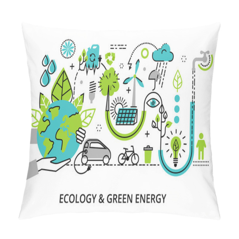 Personality  Modern Flat Thin Line Design Vector Illustration, Infographic Concept Of Ecology Problem, Generation And Saving Green Energy Pillow Covers