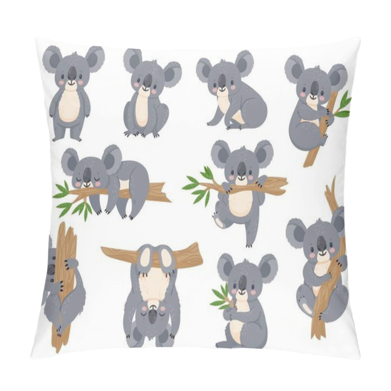 Personality  Cute Cartoon Koala. Lazy Koalas With Eucalyptus. Little Funny Rainforest Animals. Australian Bear Sleeping On Tropical Tree Vector Set Pillow Covers