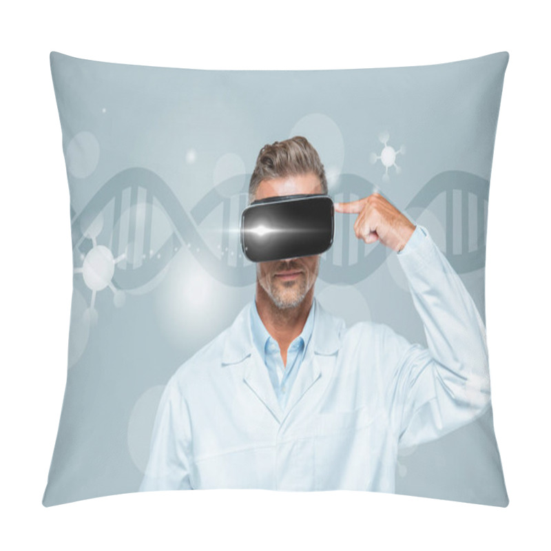 Personality  Scientist  In Virtual Reality Headset Pointing On His Head Isolated On Grey With Dna, Artificial Intelligence Concept Pillow Covers