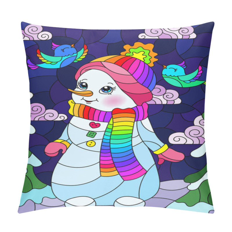 Personality  An Illustration In The Style Of A Stained Glass Window On The Theme Of Winter Holidays, A Cheerful Cartoon Snowman In A Hat And Scarf, Against The Background Of A Winter Night Landscape Pillow Covers