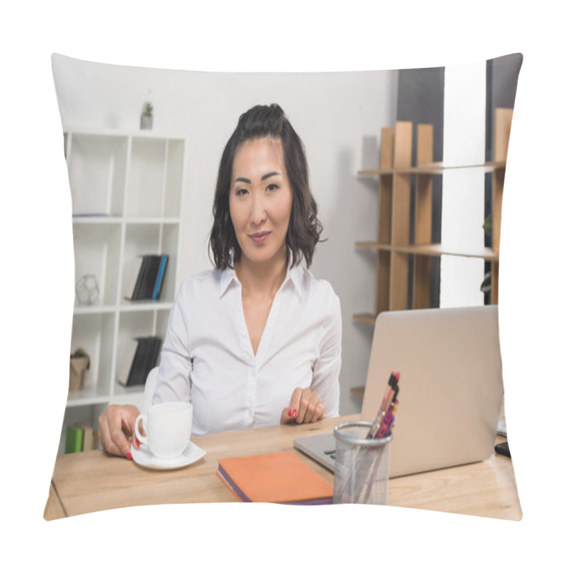 Personality  Businesswoman With Laptop And Coffee  Pillow Covers