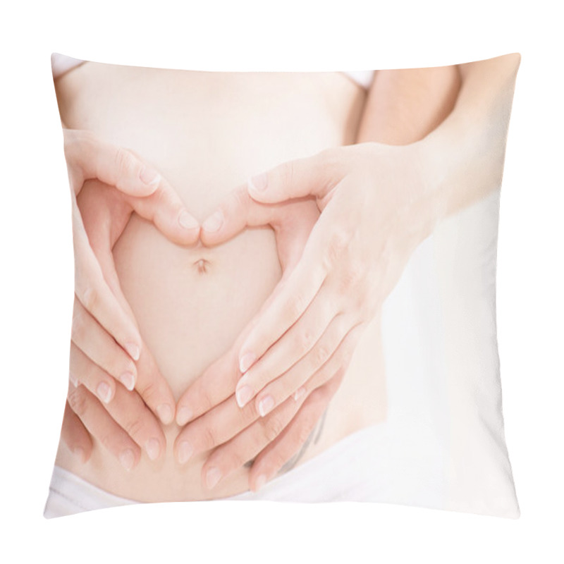 Personality  Couple Expecting Baby. Pregnant Belly With Fingers Heart Symbol Pillow Covers