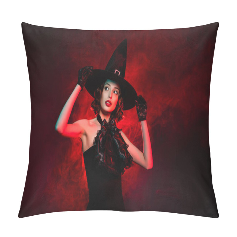 Personality  Photo Of Seduce Creepy Mystic Lady Wear Black Dress Arms Hands Gothic Headwear Isolated Dark Red Smoke Color Background Pillow Covers