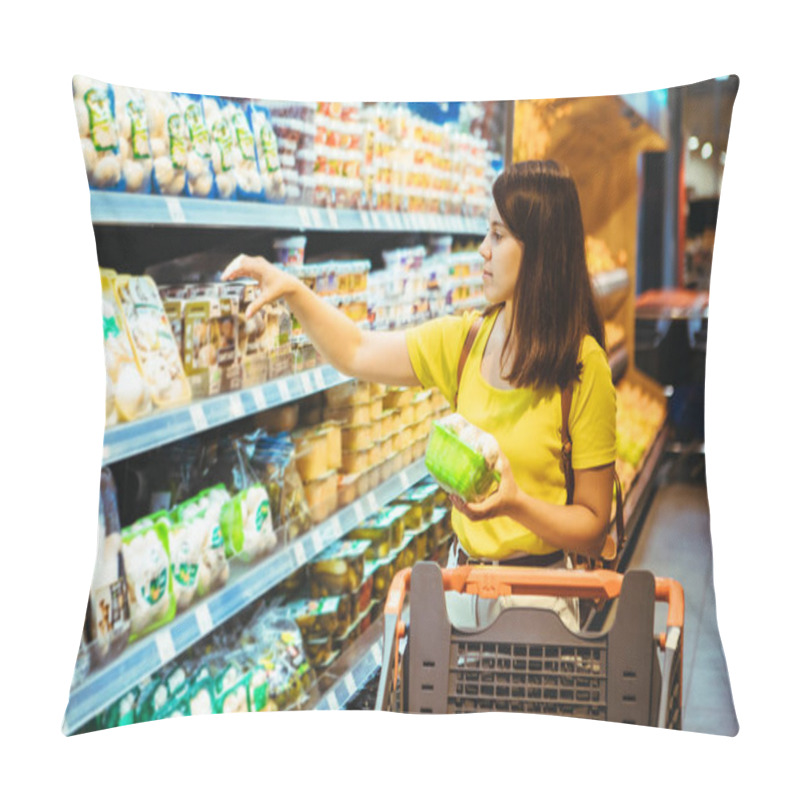 Personality  Young Pretty Adult Woman Do Shopping In Grocery Store Pillow Covers