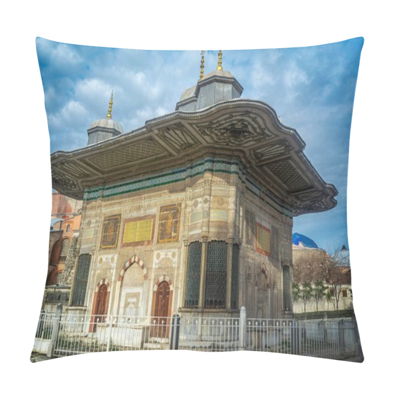 Personality  Fountain Of Ahmed III. The Fountain Was Built In 1728. Standing Between Hagia Sophia And Topkapi Palace Entrance, Istanbul / TURKEY.  Pillow Covers