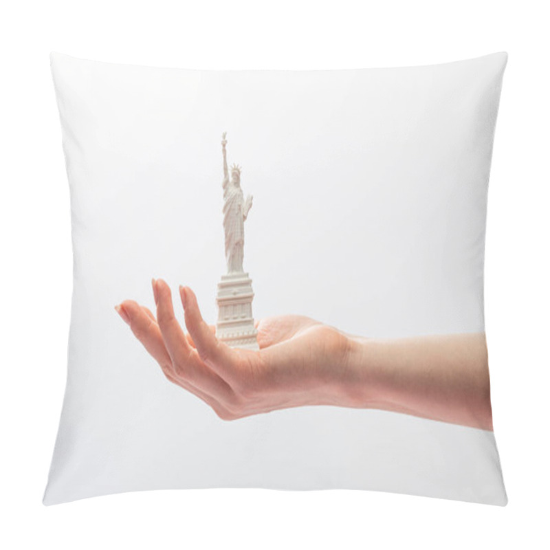 Personality  Cropped View Of Woman Holding Small Statue Of Liberty Isolated On White  Pillow Covers