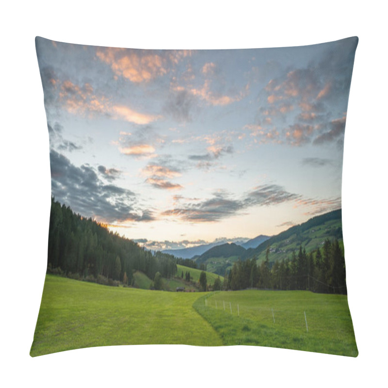 Personality  Captivating Sunset Scene In Santa Maddalena, Showcasing Lush Green Fields And Majestic Alpine Views. Pillow Covers