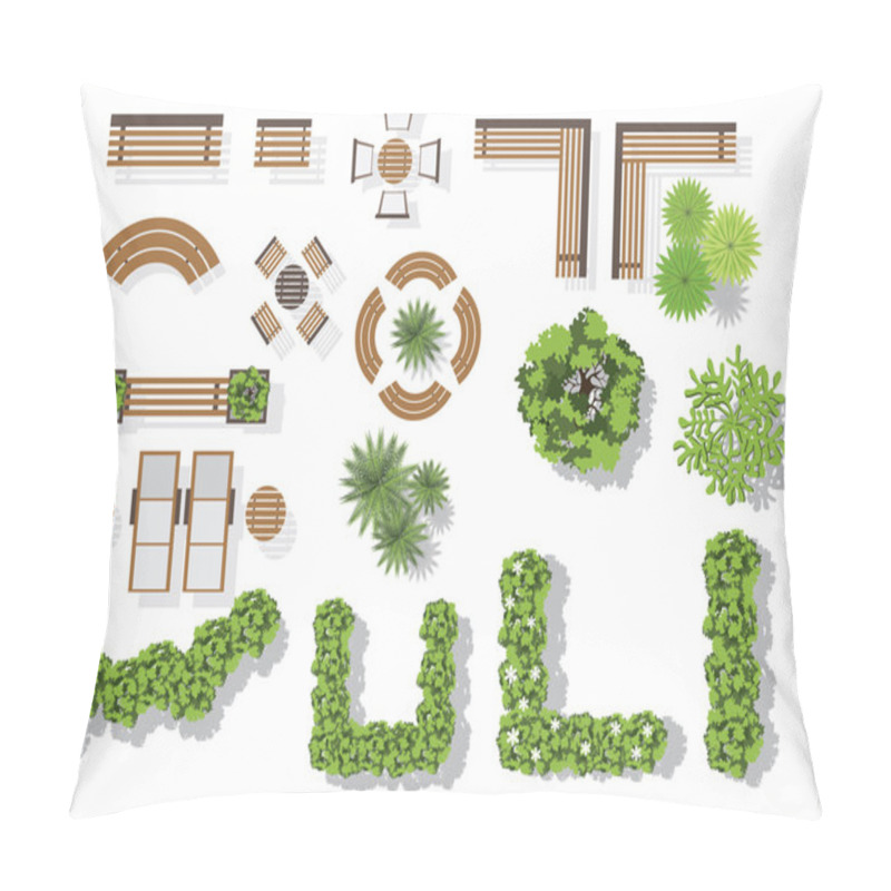 Personality  Set Of Vector Wooden Benches And Treetop Symbols. Collection For Landscaping, Top View, Plan, Pillow Covers