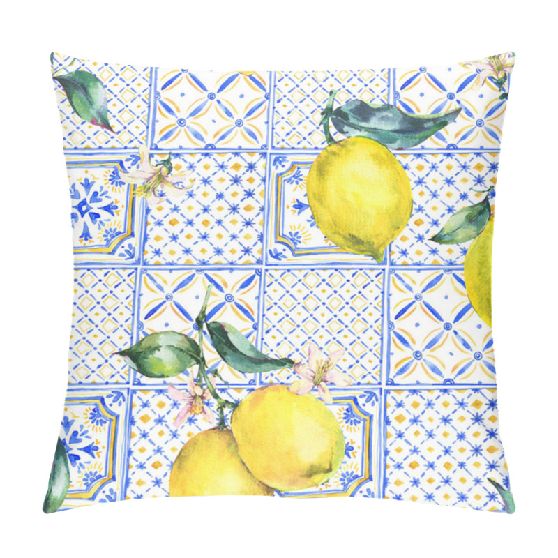 Personality  Watercolor Lemon Seamless Pattern, Fruit Hand Drawn Yellow And Blue Ornament Print Texture. Vintage Summer Wallpaper. Pillow Covers