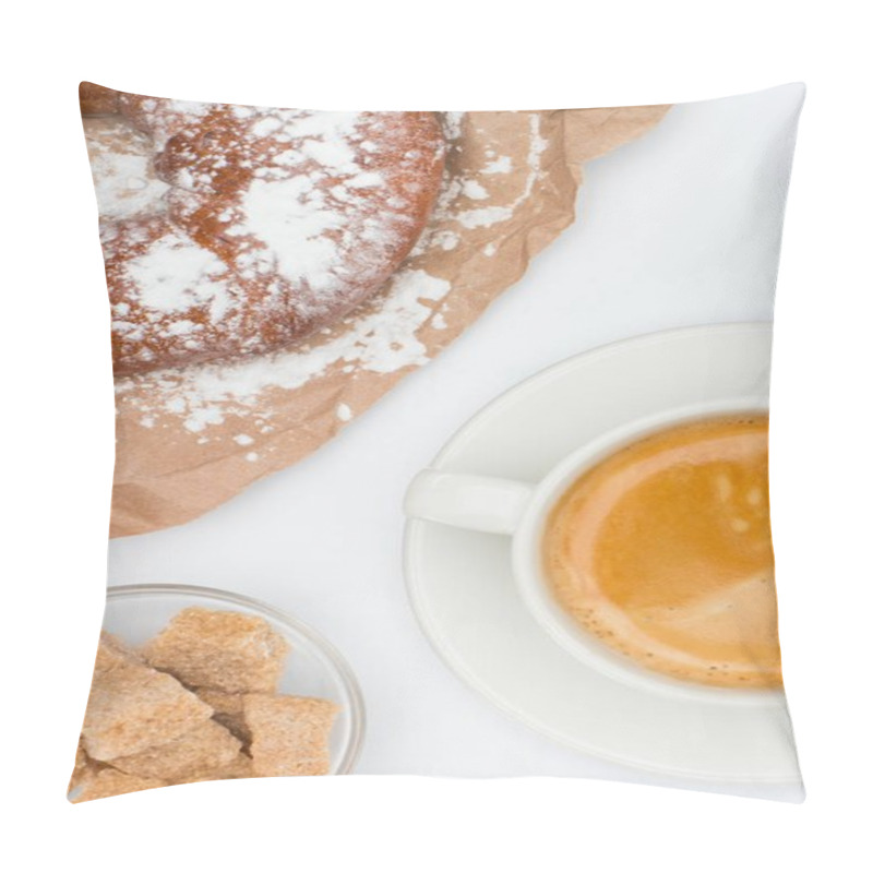 Personality  Top View Of Cup Of Coffee With Saucer, Brown Sugar And Pastry On White Pillow Covers