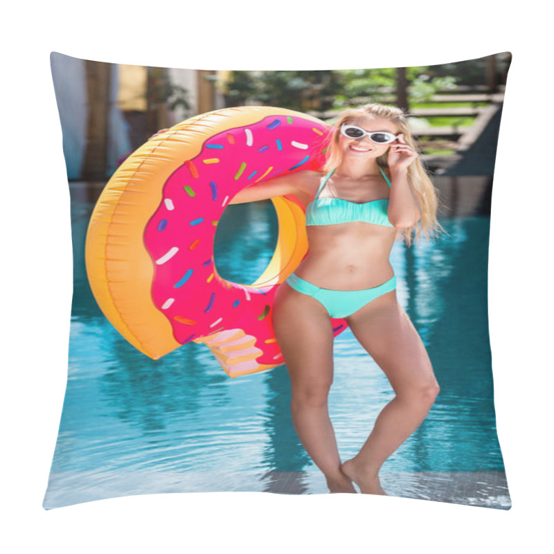 Personality  Smiling Young Woman Inflatable Ring In Shape Of Donut At Poolside Pillow Covers