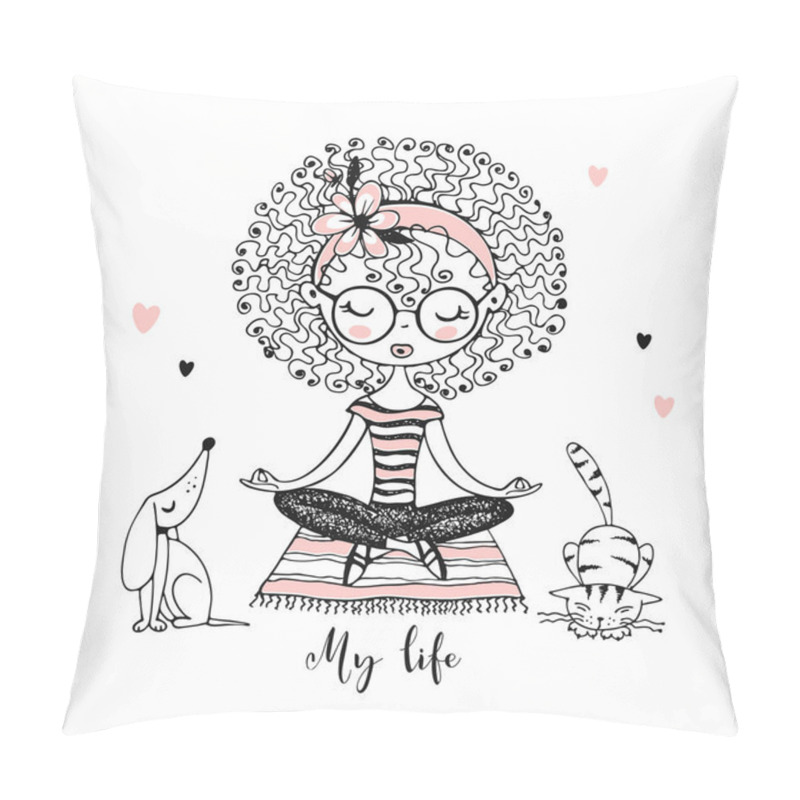 Personality  Cute Girl With Curls Sitting In Lotus Position, Next To Cute Pets. Lifestyle. Vector Pillow Covers